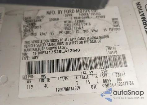 2008 Ford Expedition Eddie Bauer/King Ranch z USA, uszkodzony, nr VIN 1FMFU17528LA12940